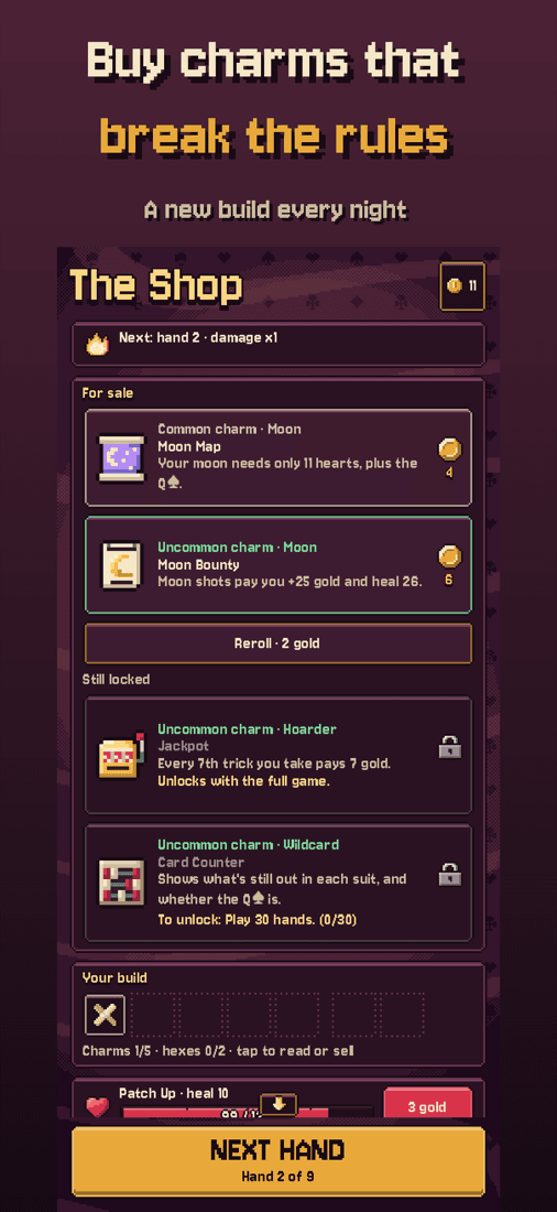 Queen of Spite screenshot: Buy charms that break the rules.